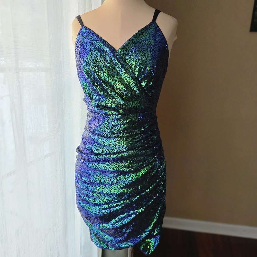 GRACE KARIN‎ EUC Green Blue Sequin Bodycon Wrap Mini Dress Size S